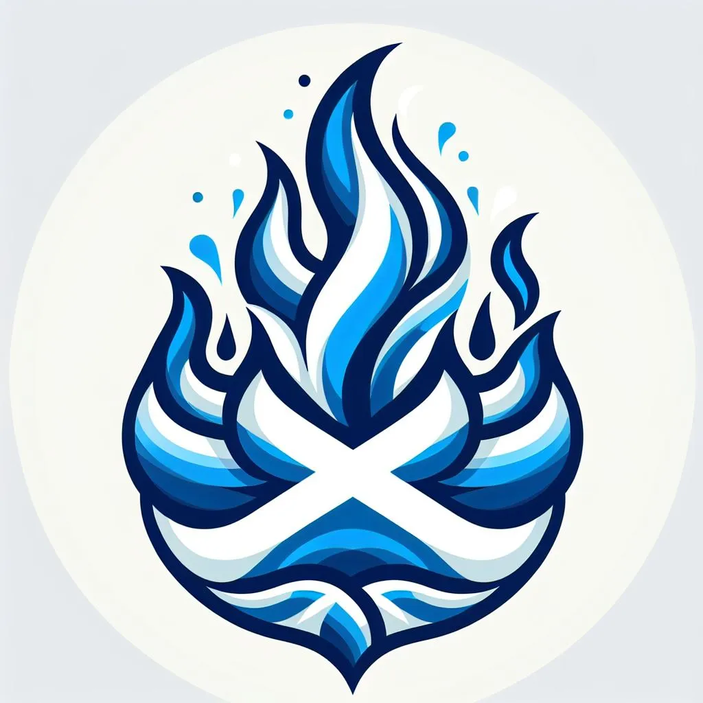 A.I. generated blue and white Govcamp Scotland logo, which looks like a falling fireball with the Saint Andrew&#x27;s Cross in thje middle.