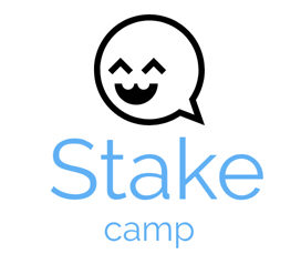 a speech bubble containing a smiling face, above the words stake camp