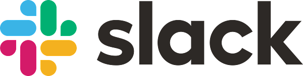 The slack logo, a blue, green, red and yellow icon with black text with the word slack